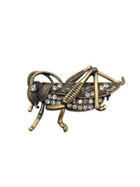 Grasshopper Rhinestone Brooch Pin Antiqued Gold Tone Finish Insect Jewelry